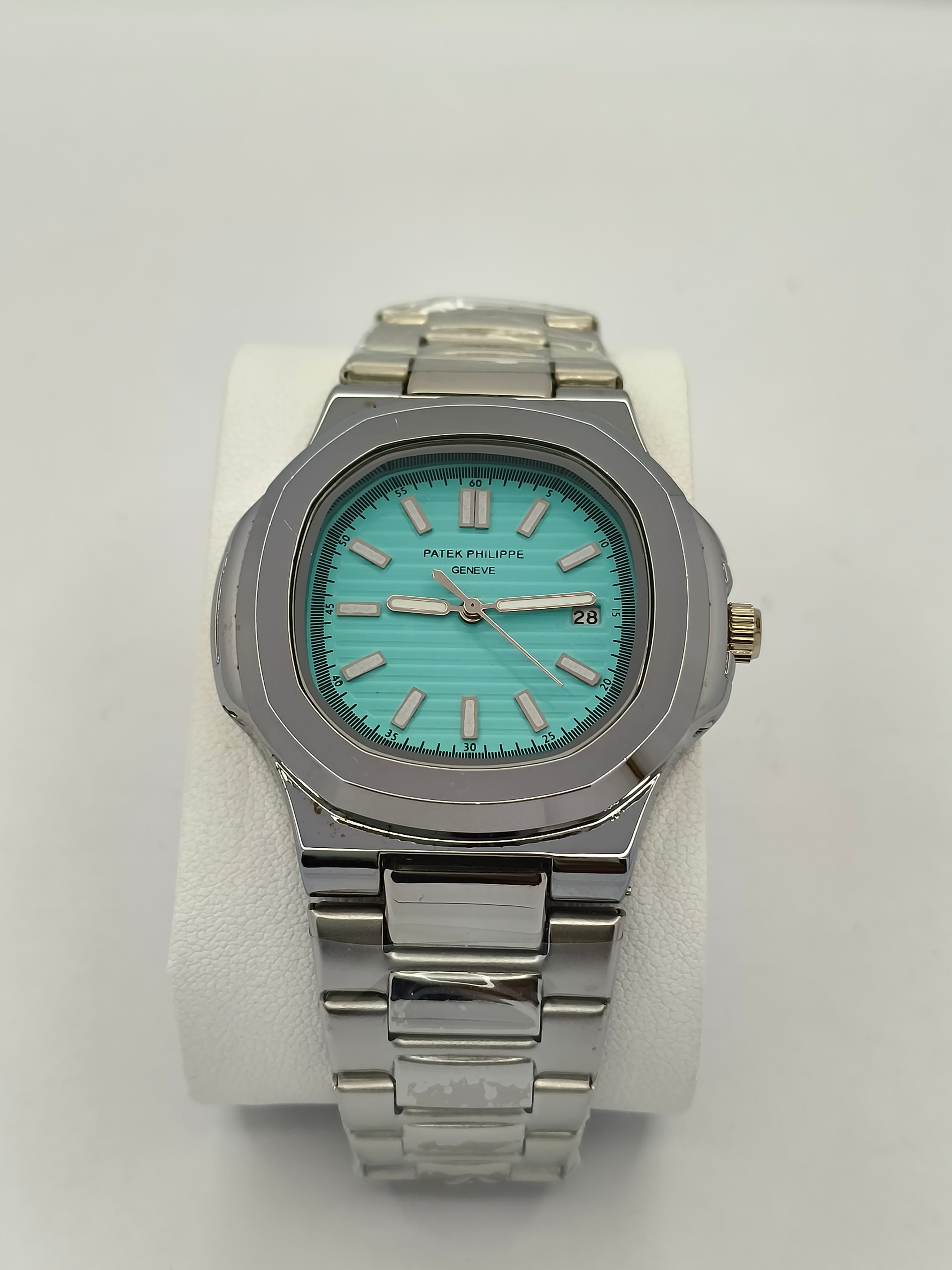 Patek Philippe Nautilus Silver Watch with Tiffany Blue Dial & Date Adjust