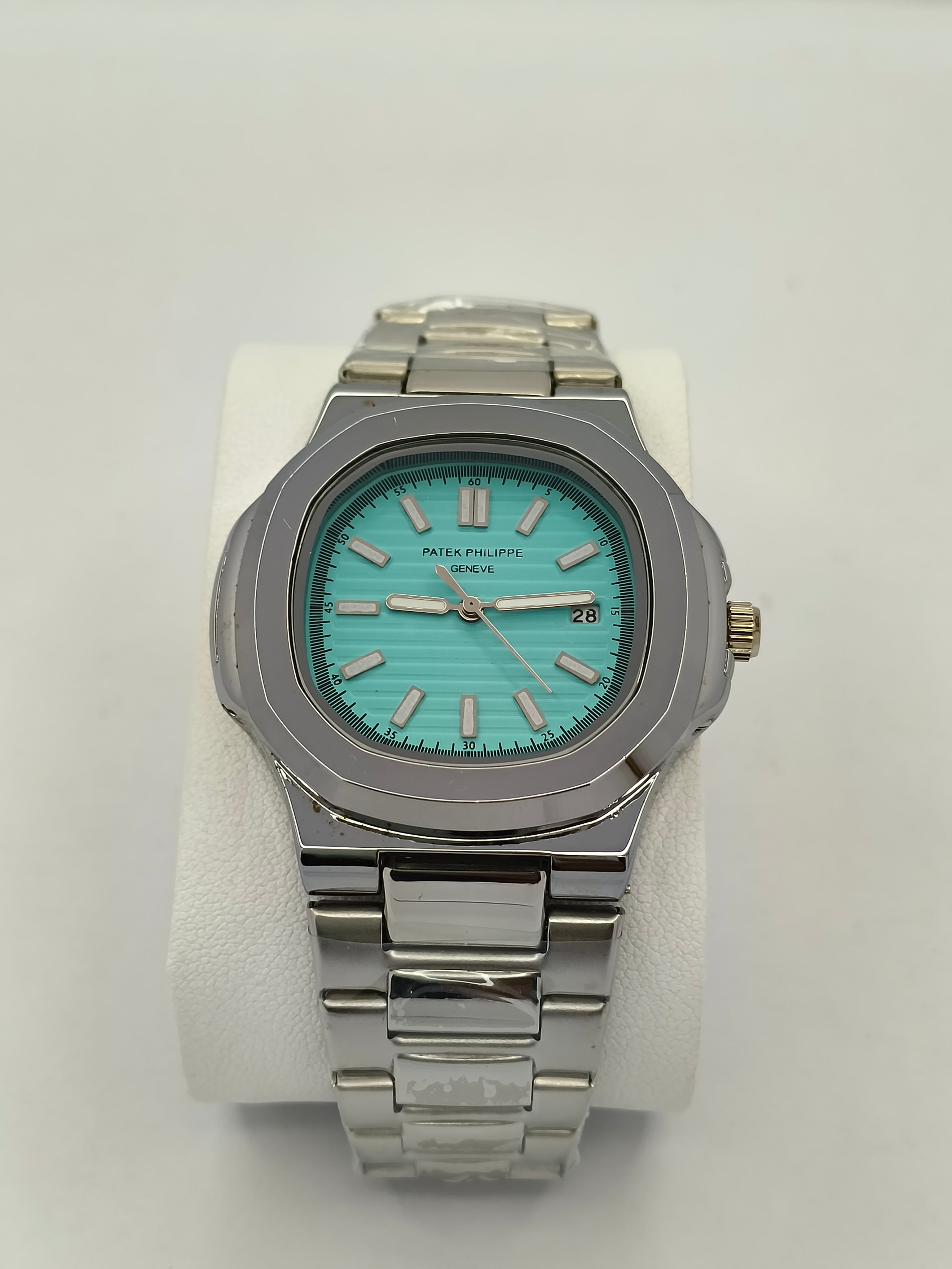 Patek Philippe Nautilus Silver Watch with Tiffany Blue Dial & Date Adjust