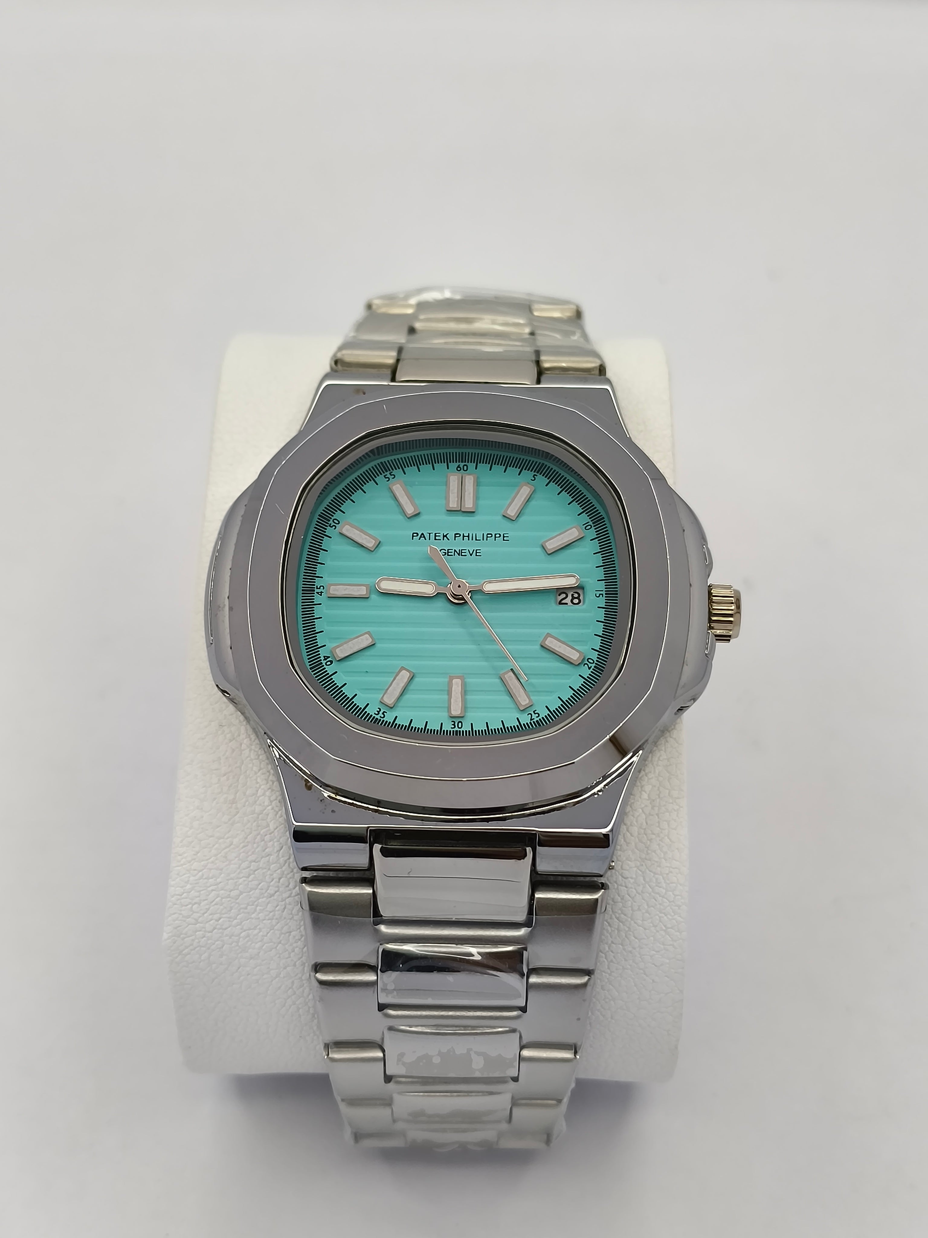Patek Philippe Nautilus Silver Watch with Tiffany Blue Dial & Date Adjust