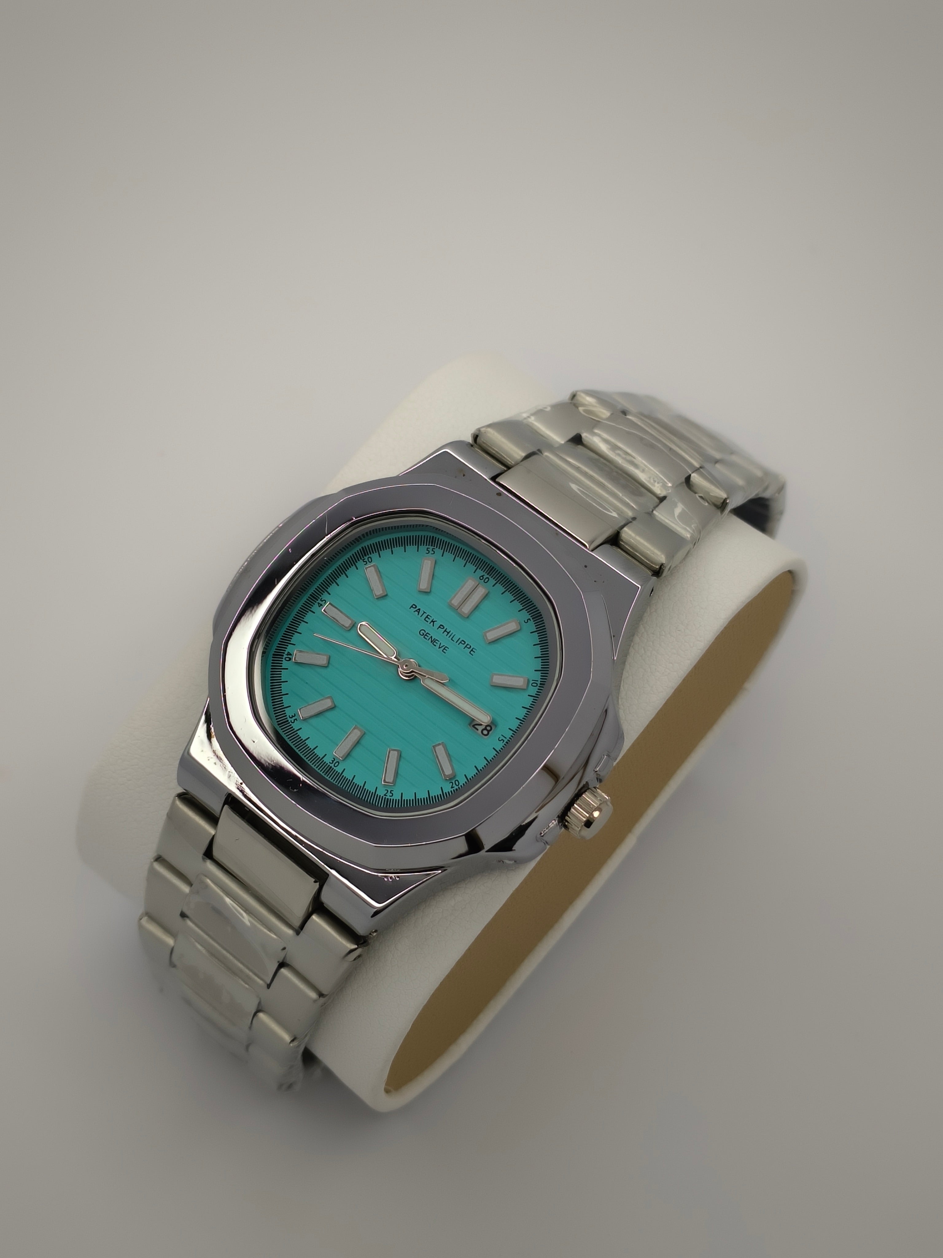 Patek Philippe Nautilus Silver Watch with Tiffany Blue Dial & Date Adjust