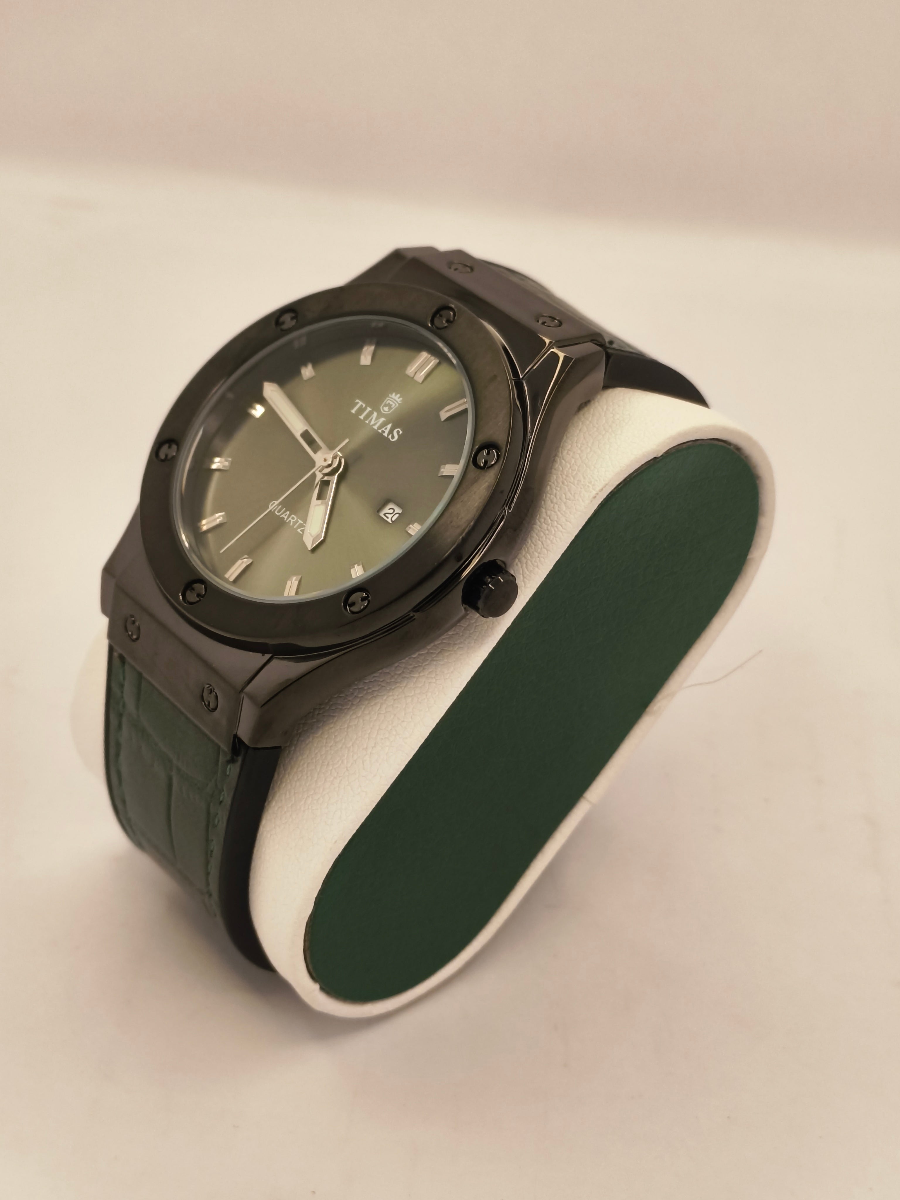 TIMAS Classic Quartz Wristwatch – Green Dial with Leather Strap