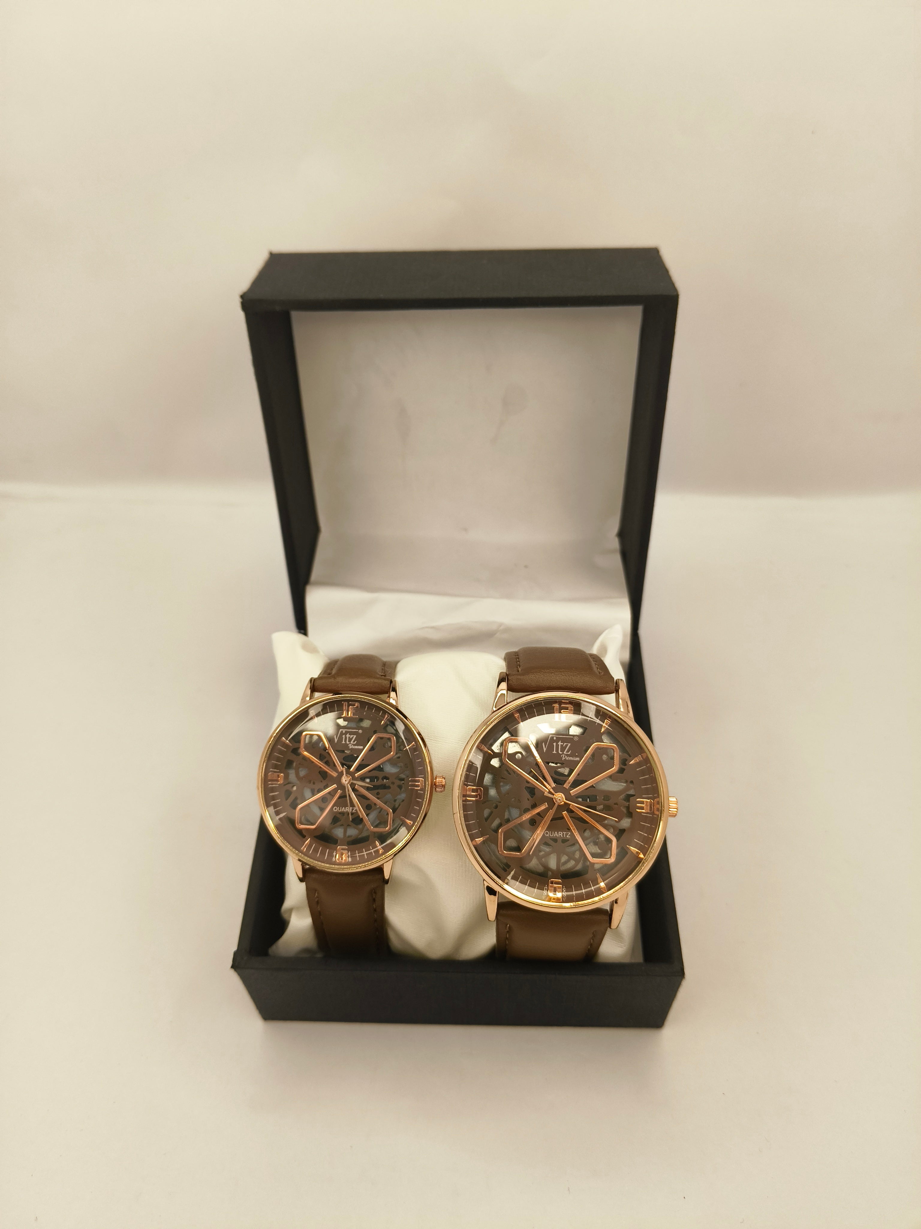 Vitz Premium Couple Watch Set – Brown Leather with Skeleton Dial