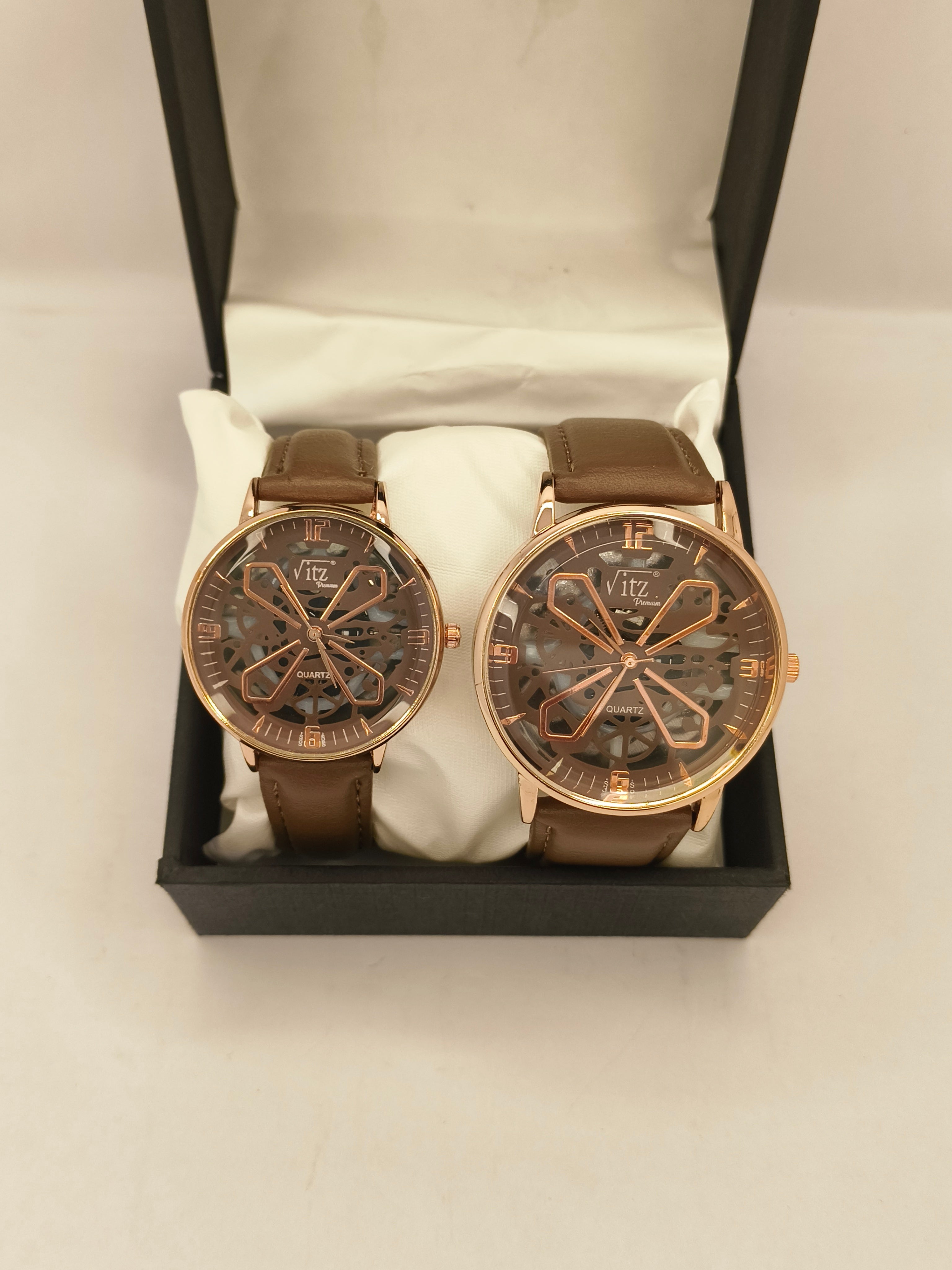 Vitz Premium Couple Watch Set – Brown Leather with Skeleton Dial