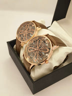 Vitz Premium Couple Watch Set – Brown Leather with Skeleton Dial
