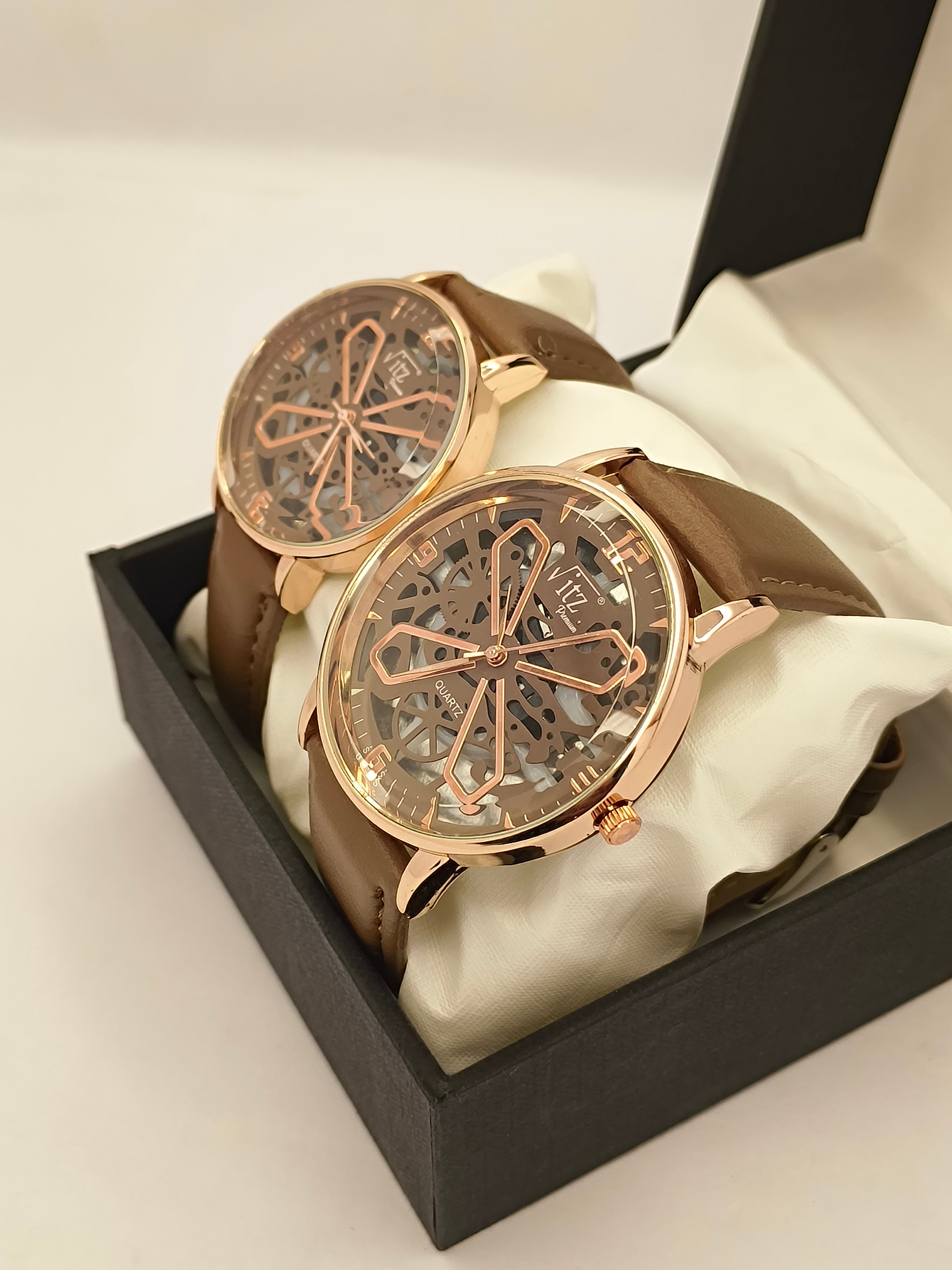 Vitz Premium Couple Watch Set – Brown Leather with Skeleton Dial