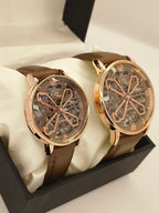Vitz Premium Couple Watch Set – Brown Leather with Skeleton Dial