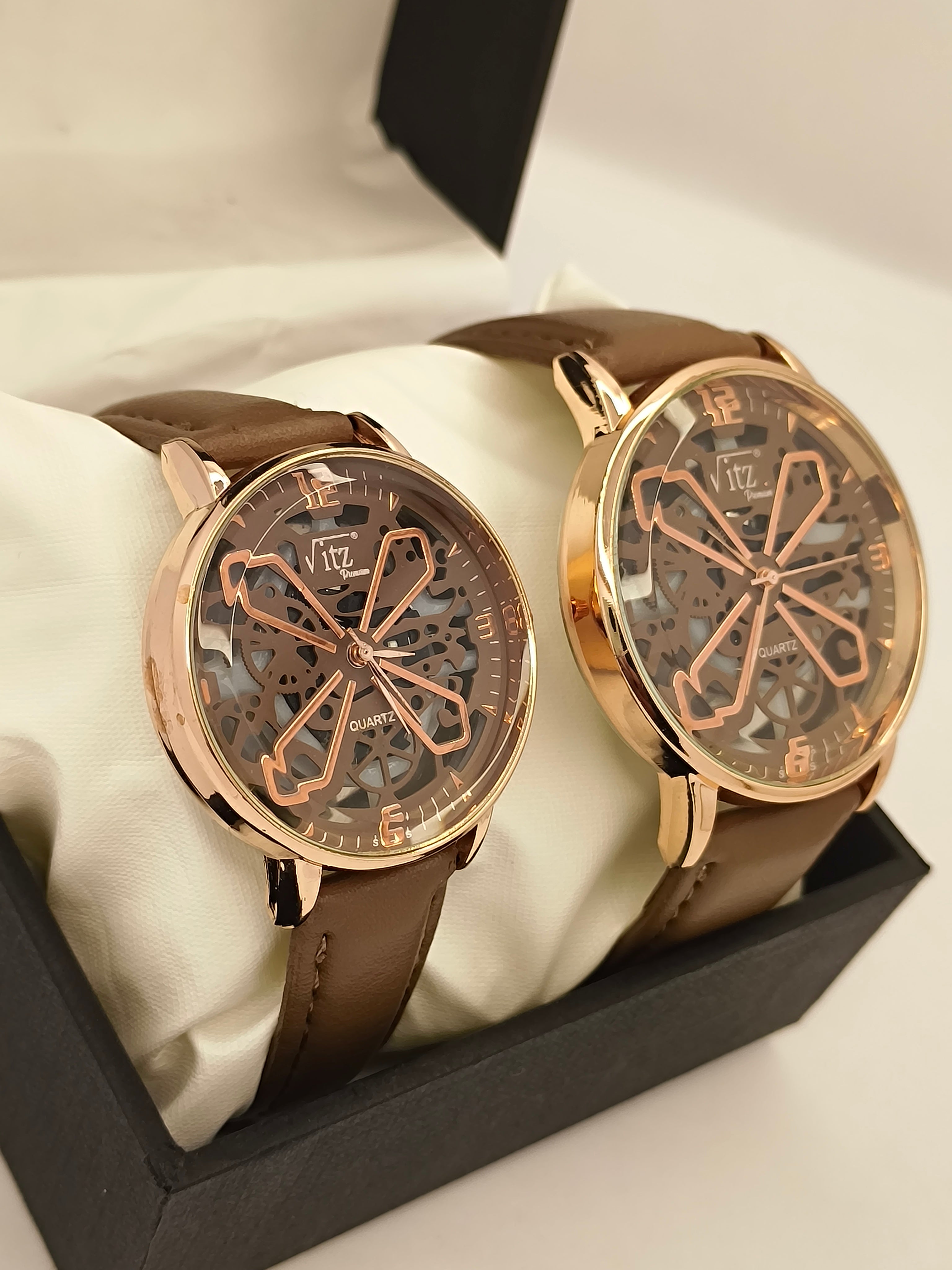 Vitz Premium Couple Watch Set – Brown Leather with Skeleton Dial