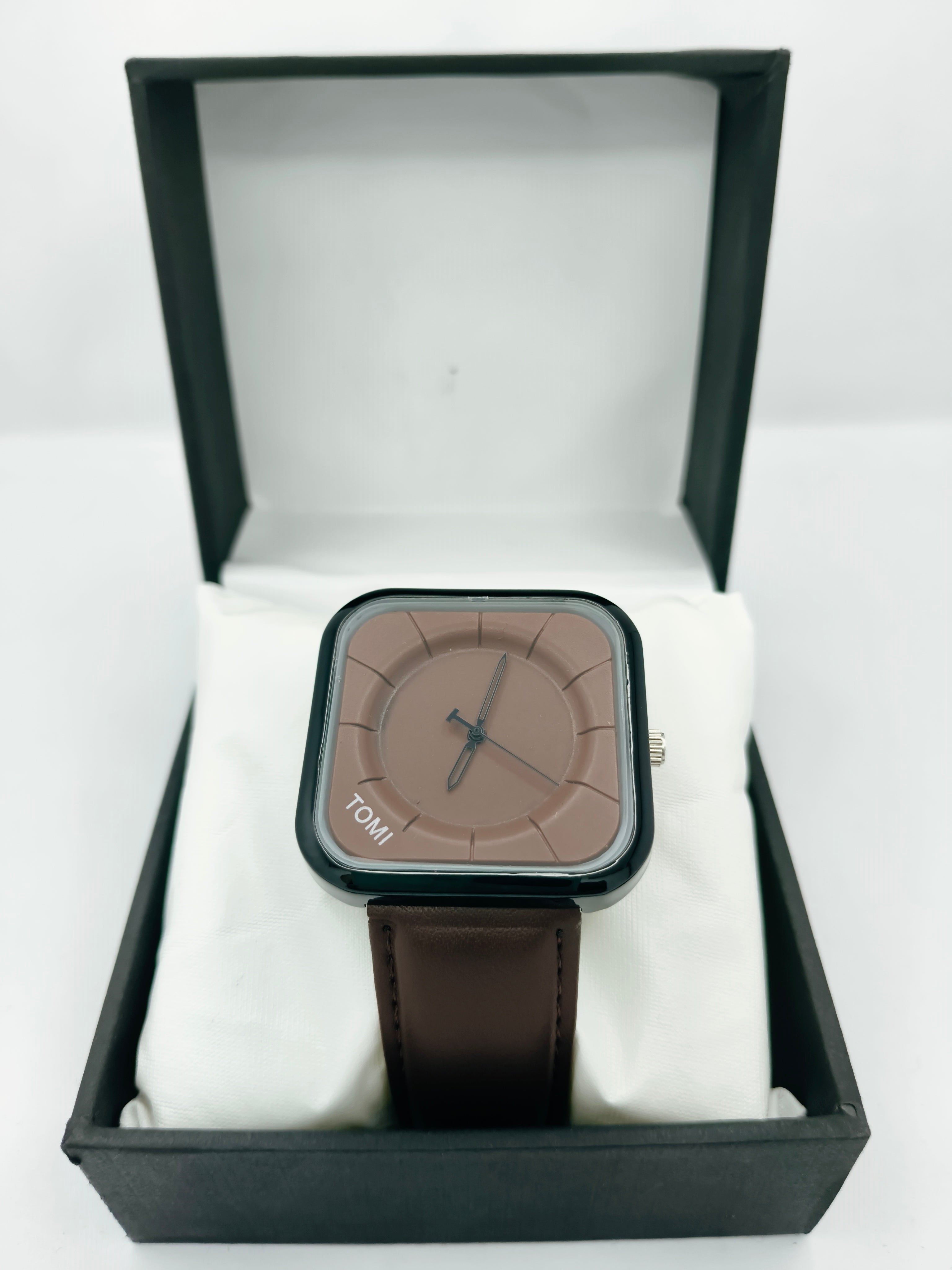 TOMI Square Dial Leather Strap Watch