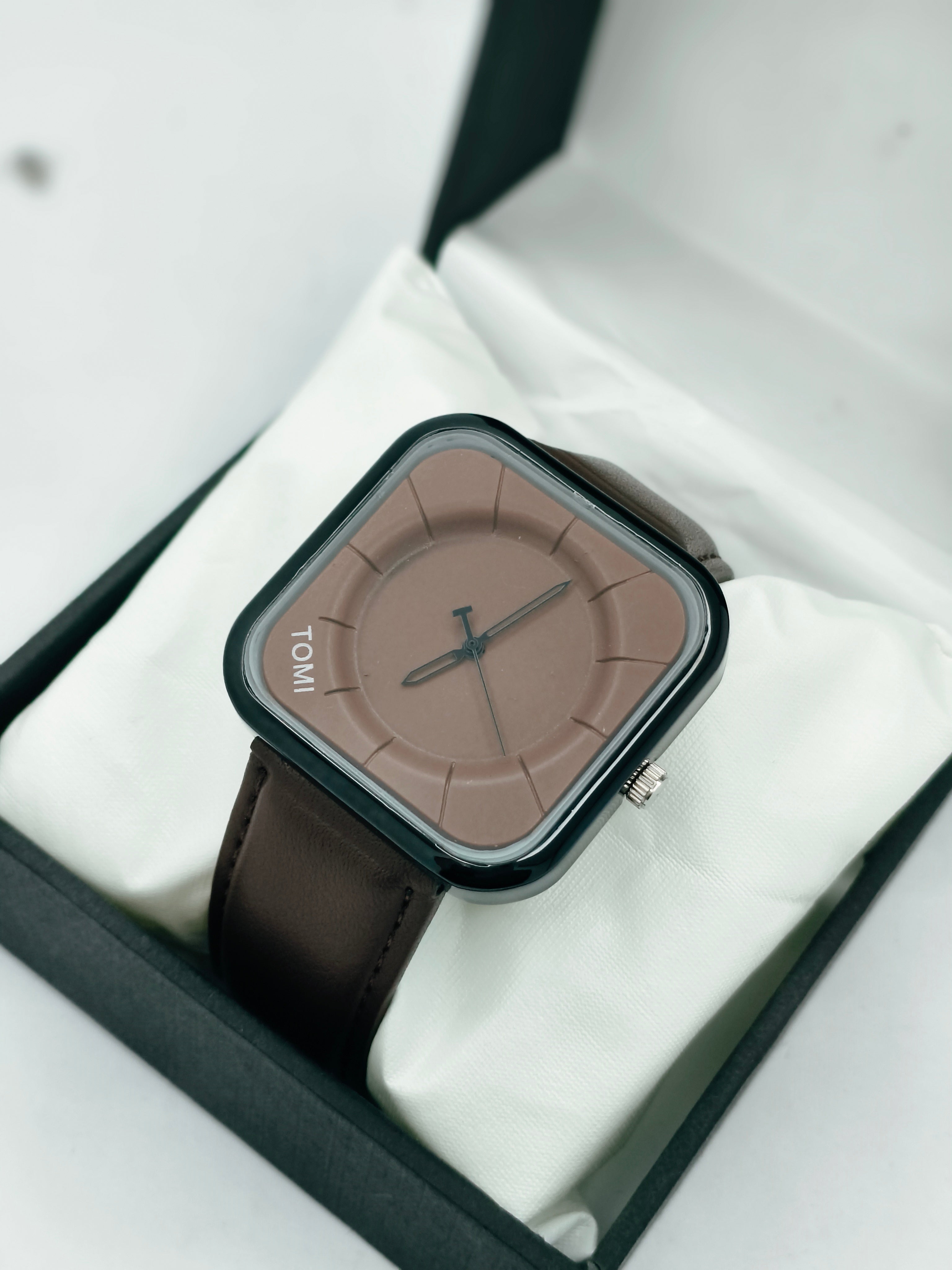 TOMI Square Dial Leather Strap Watch