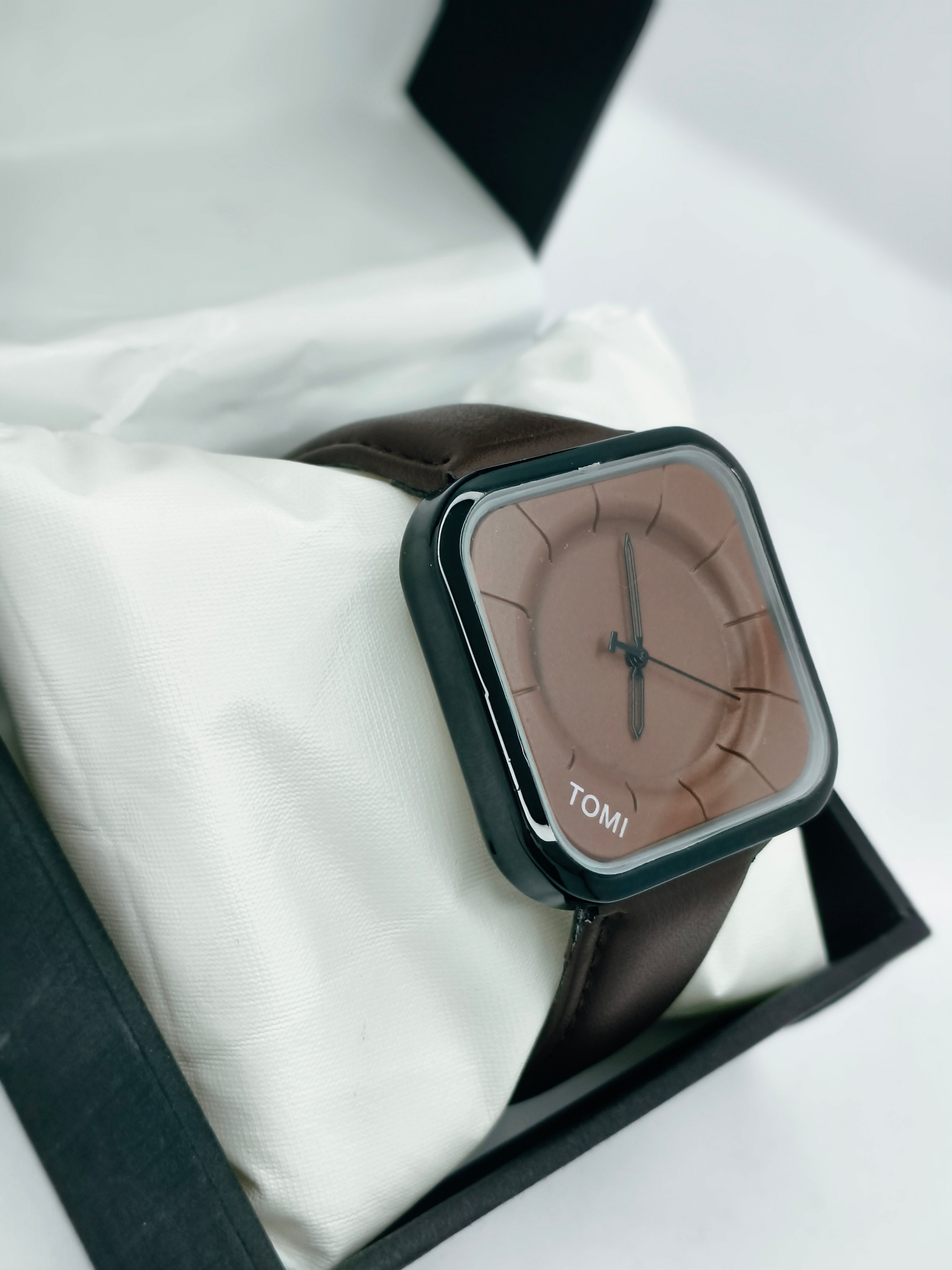 TOMI Square Dial Leather Strap Watch