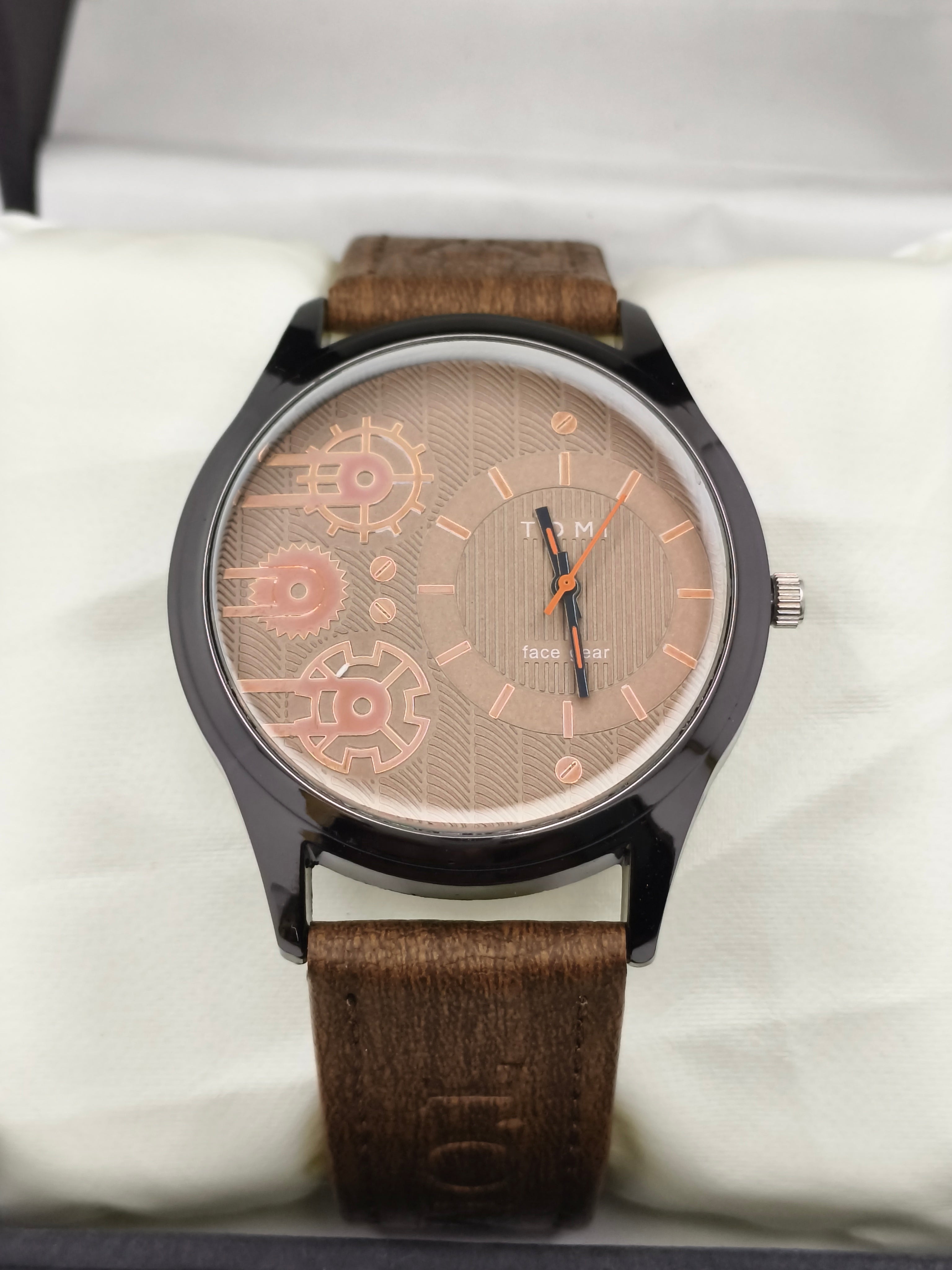 Tomi Face Gear Quartz Watch – Brown Leather Strap