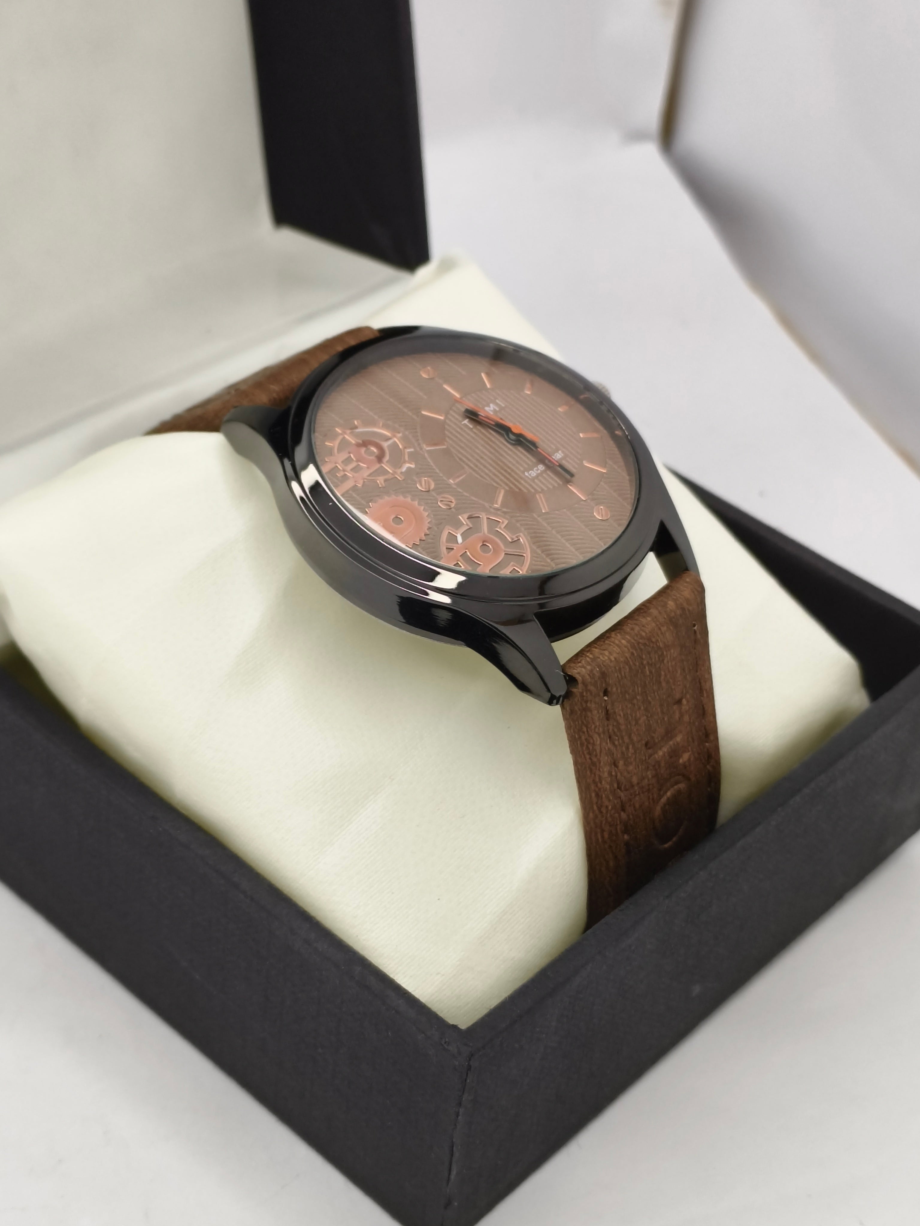 Tomi Face Gear Quartz Watch – Brown Leather Strap